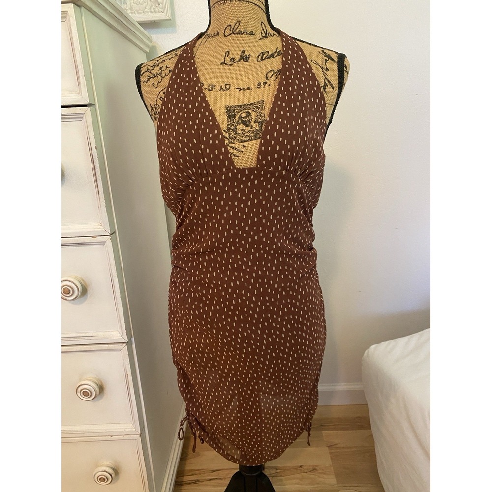 Cotton Candy LA Brown Polka Dot Halter Mini Dress Ruched Size S